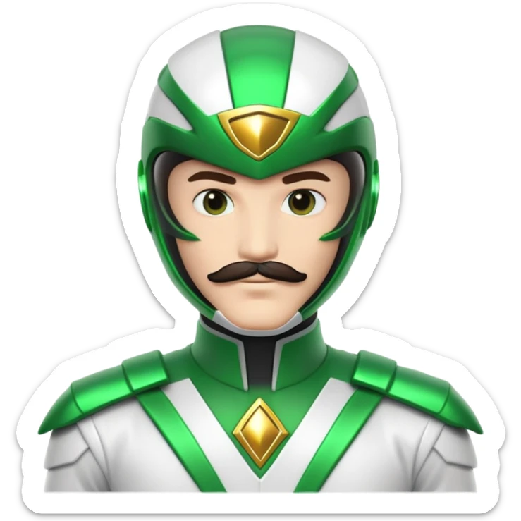 Green power ranger with white suit instead of green, with a visible mustache under the helmet sticker