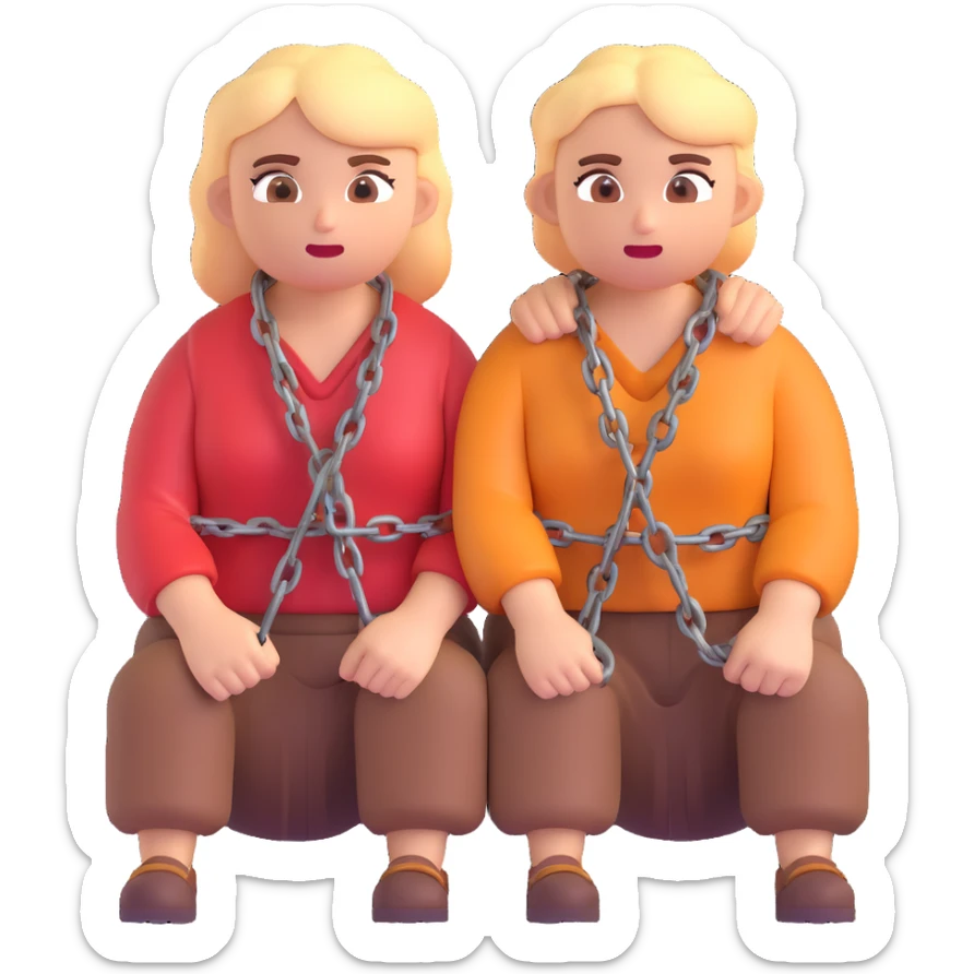 cartoonish emoji style tired helpless couple in rural clothes chained together angry villagers in the background colorful expressive scene sticker