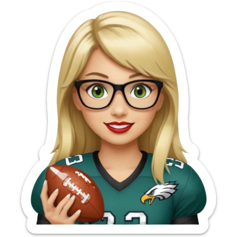 full length women wearing eagles uniform, long blonde hair, styled bangs, green eyes, black glasses, holding football, number 33, smiling, lipstick sticker