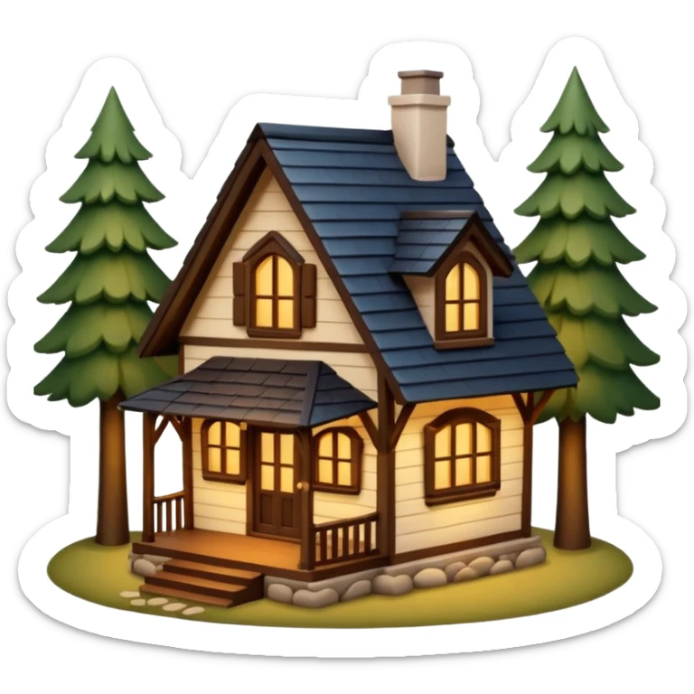 A cozy small house with warm lights coming from the windows, wooden details, surrounded by trees, peaceful atmosphere, soft lighting, charming and realistic
 sticker