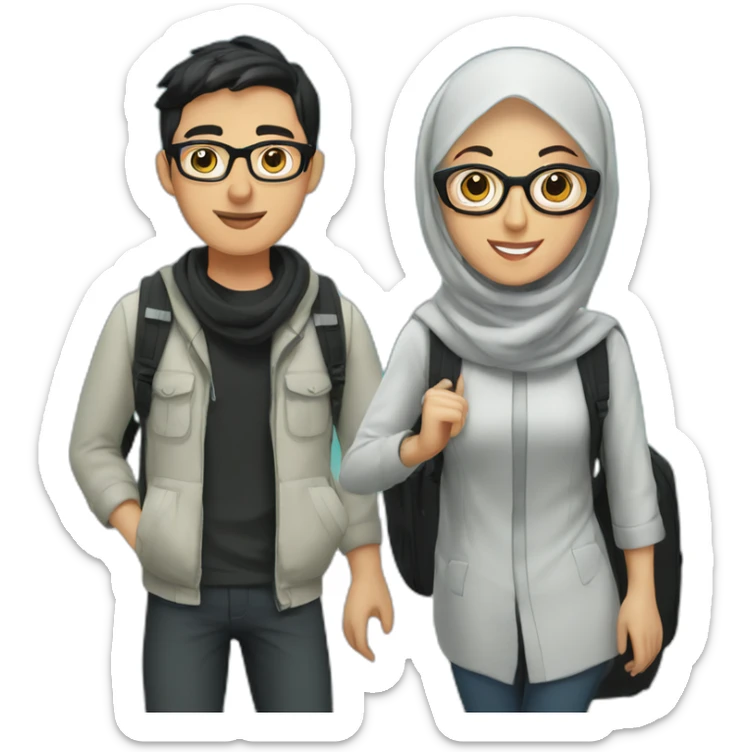 young white man with black hair and glasses and woman with hijab, both with backpack for holiday trip, full body sticker