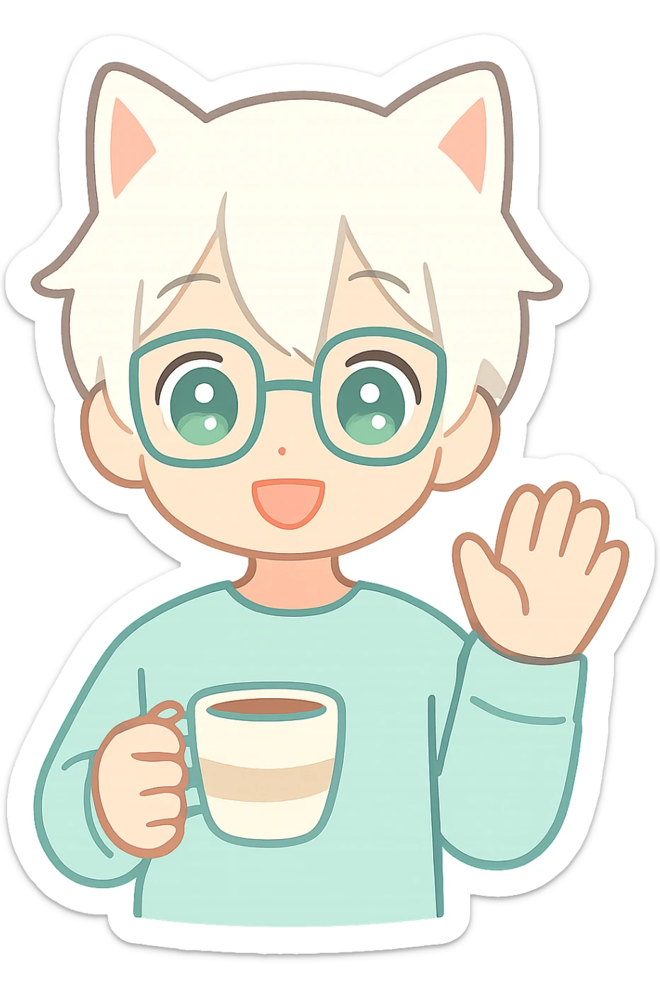 An anime guy with white hair, white cat ears, green eyes, and glasses, holding a coffee cup in his hand and waving sticker