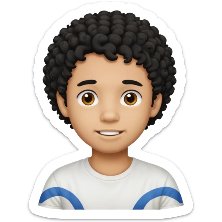 a black boy with a curly hair and a white t shirt no teet sticker