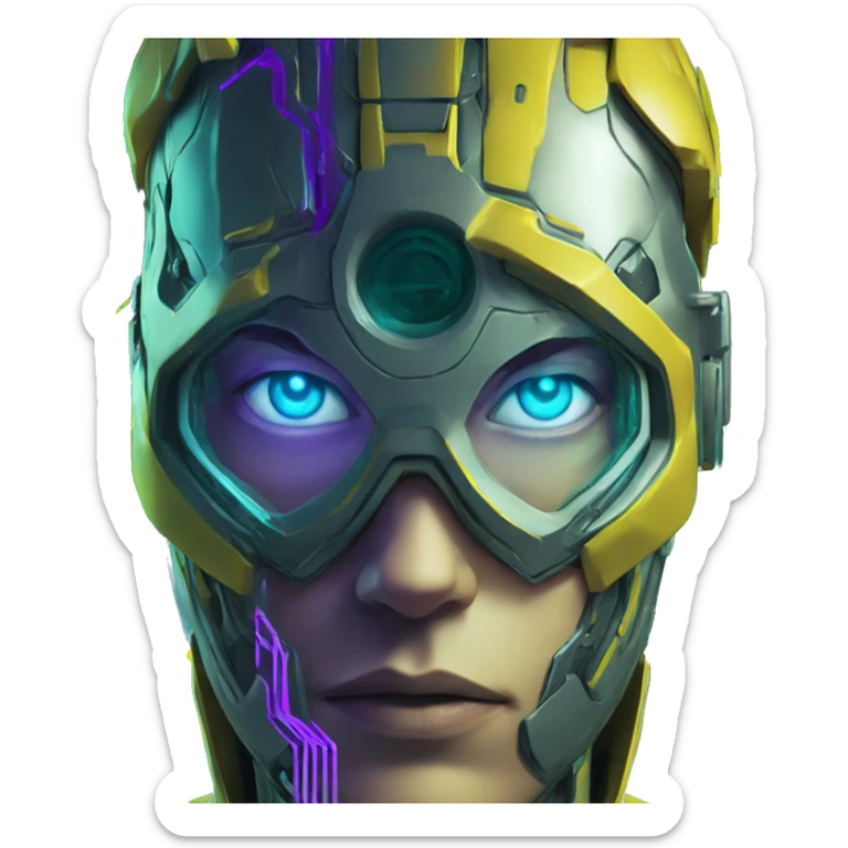 Secret human yellow emoji face agent with  cyberpunk elements with a spyglass scanning looking reviewing multicolor lines of code, cyan and purple colors, only upper body portrait sticker