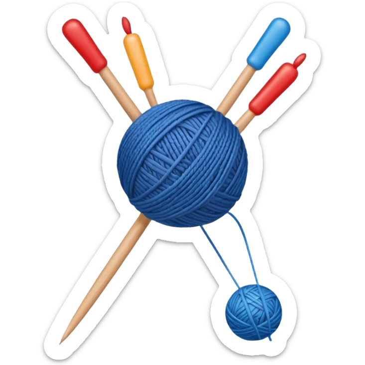 knitting needles with a ball of thread and a hand holding the knitting needles sticker