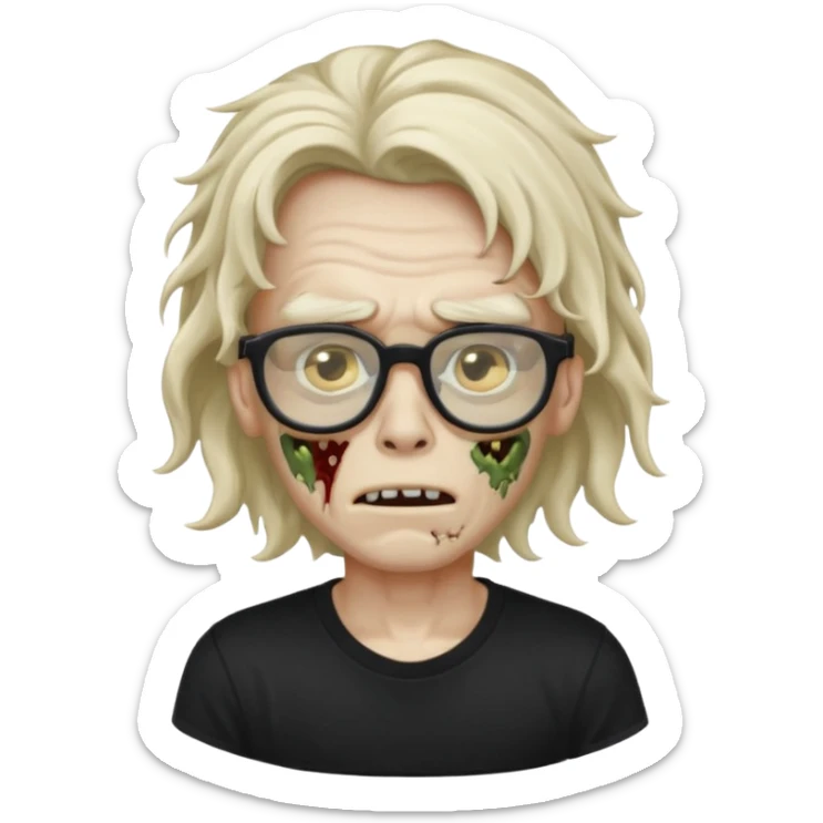 A zombie boy with long, wavy, falling hair, non-oval glasses, and a black t-shirt. sticker