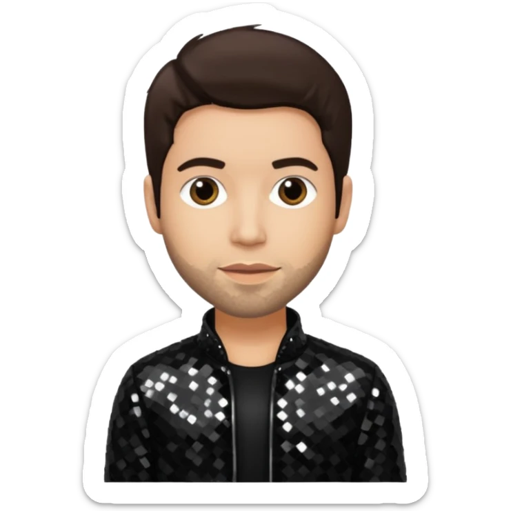 Rob Bourdon from Linkin Park with dark brown hair, light skin, black sequin outfit sticker