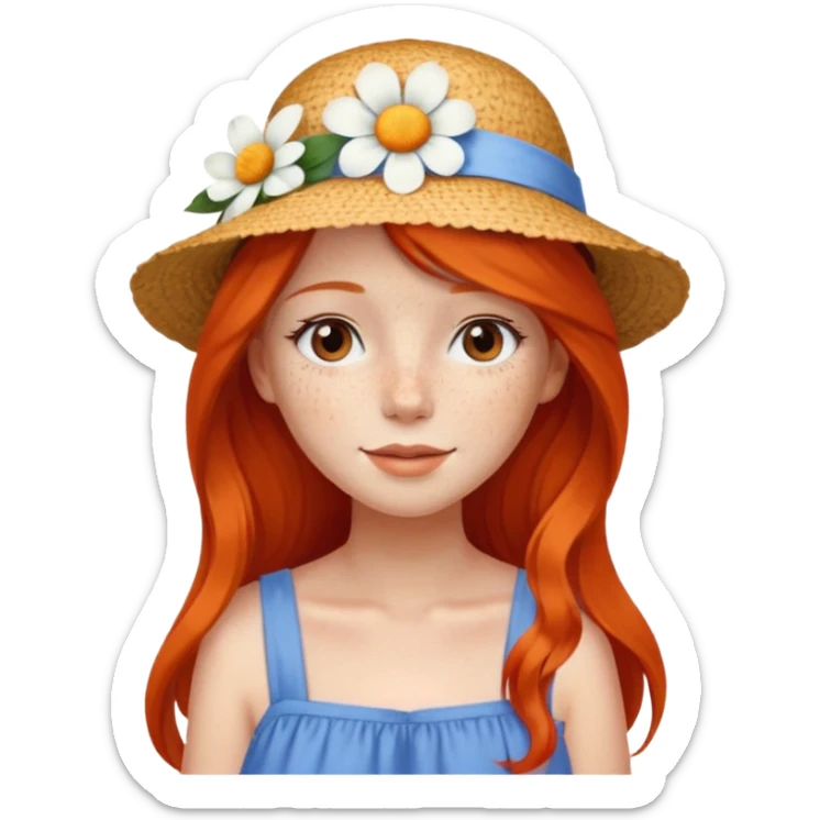 girl, freckles, wearing_summer_hat, white flower on hat, red orrange long hair, blue dress sticker