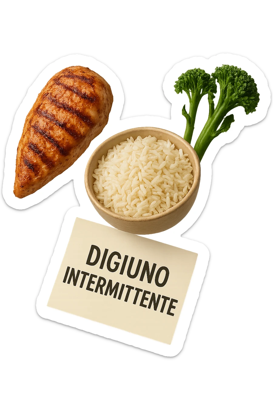 petto di pollo grigliato, bowl di riso basmati e broccoletti fluttuano in aria insieme ad un foglio con la scritta "DIGIUNO INTERMITTENTE", iperrealistico 4k sticker
