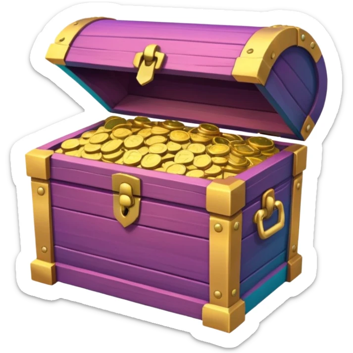 wooden brown treasure chest filled with coins pack in gradient of turquoise, blue, pink, purple, and coral sticker