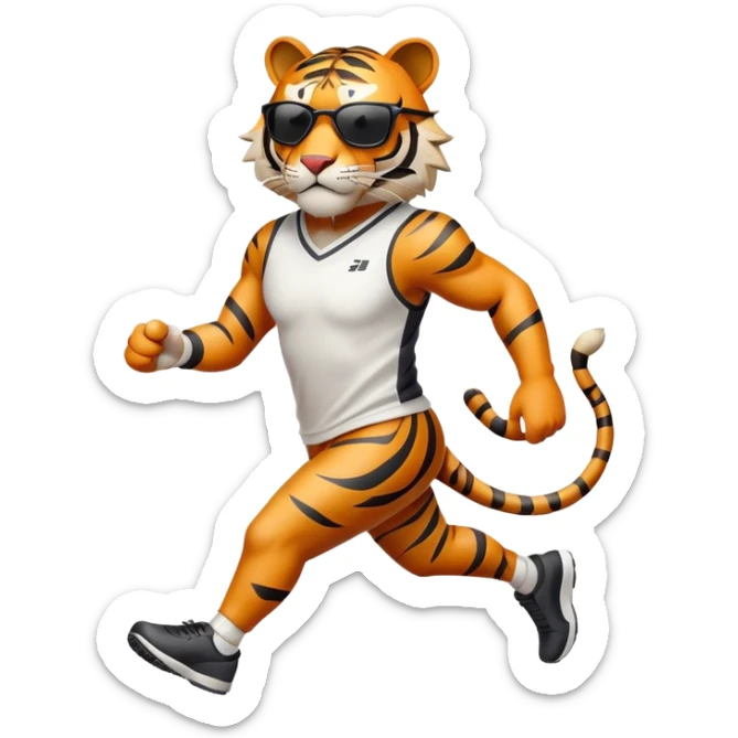 energetic anthropomorphised tiger in sports clothes, wearing dark sunglasses, walking upright, dynamic pose sticker