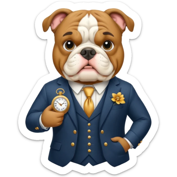 bulldog guide in a formal English suit with a pocket watch sticker