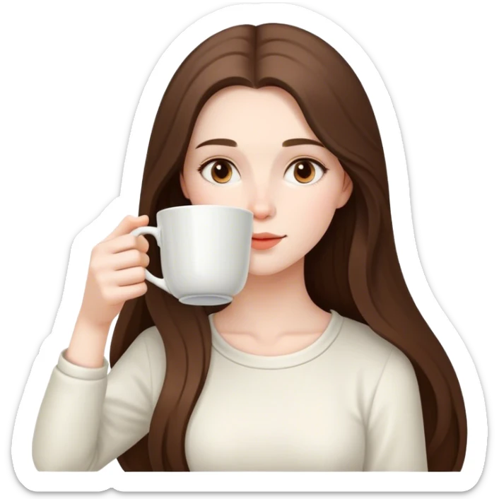  beautiful pale brunette girl with long hair drinking tea from a big cup sticker