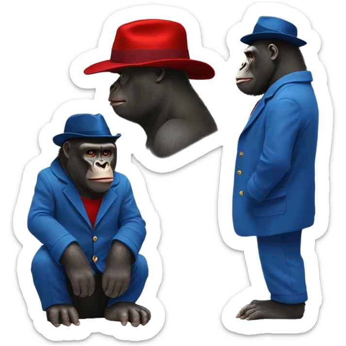 gorilla in paddington bear's  blue overcoat clothes and red hat, full body musular  sticker