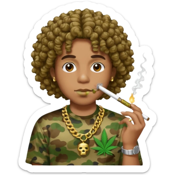 curly hair wearing bathing ape shirt smoking weed with grills sticker