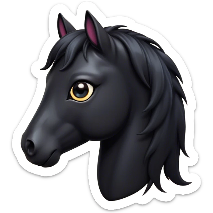 Cinematic Cute Black Horse Portrait Emoji, Head tilted playfully and inquisitively, showcasing a glossy black fur with a striking sheen and expressive dark eyes filled with curiosity, Simplified yet irresistibly adorable features, highly detailed, glowing with a warm, friendly glow, high shine, affectionate and spirited, stylized with a touch of whimsy, bright and endearing, soft glowing outline, capturing the essence of a mischievous yet loving horse, so playful it feels like it could trot out of the screen and into your arms! sticker