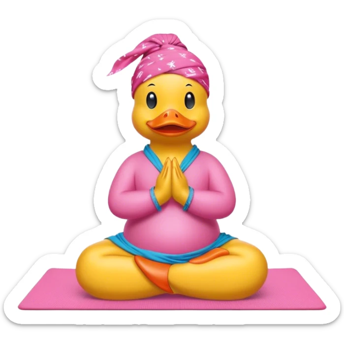 side view of yellow rubber duck with a pink bandana doing yoga while praying sticker