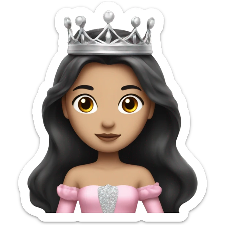 princess with black long hair, pink gown, silver crown, white skin sticker