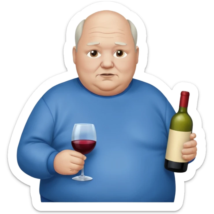 Morbidly obese older man dark hair balding with blue sweatshirt holding bottle of wine sticker