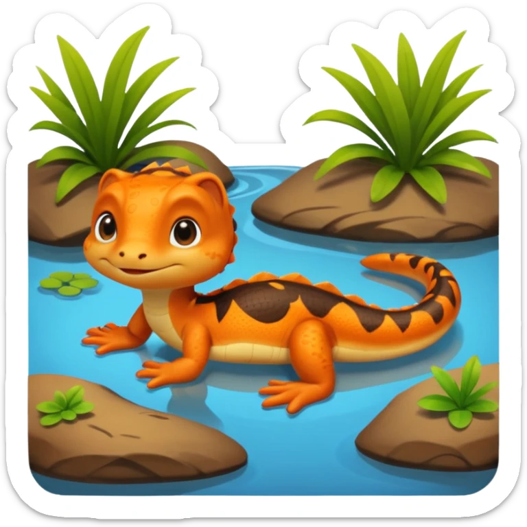 A 3D cartoon newt resting near a pond, orange and brown colors, visible tail, friendly expression, soft reflections and lighting, Memoji-style character. sticker