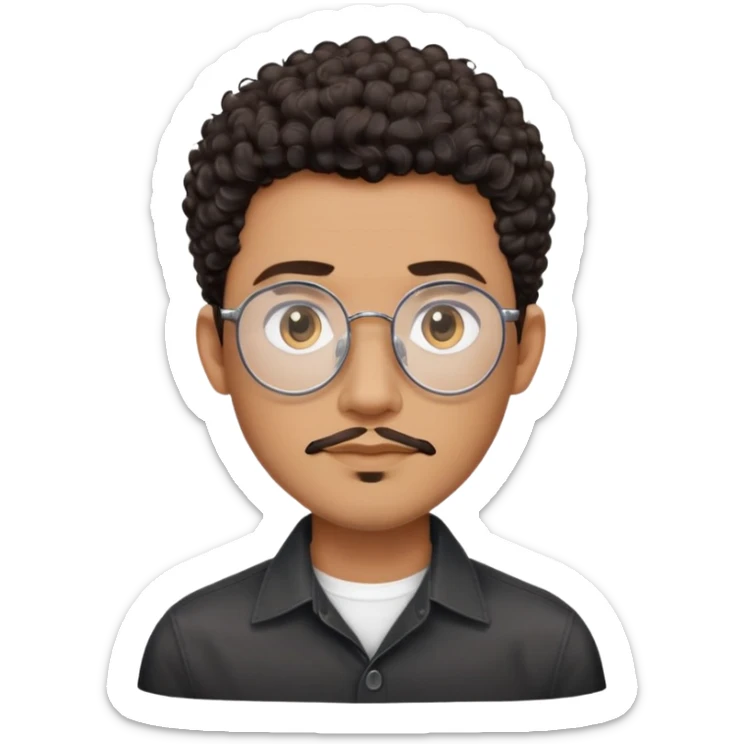 Man with oval-shaped face, large oval metallic glasses, dark curly short hair with high fade, light brown complexion, gentle expression, black button-up shirt sticker