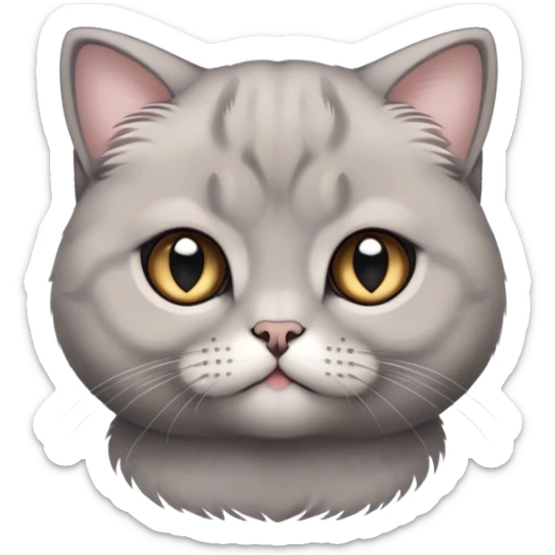 Cinematic Adorable Fluffy Grey Scottish Fold Cat Portrait Emoji, Head tilted cutely with big, sparkling eyes and adorable folded ears, soft grey fur with darker points on the ears, face, and paws, Simplified yet irresistibly adorable features, highly detailed, glowing with a soft, warm glow, high shine, affectionate and playful, stylized with a touch of whimsy, bright and endearing, soft glowing outline, capturing the essence of a curious and loving kitten with the signature charm of a Scottish Fold's unique folded ears, so cute it feels like it could leap out of the screen and snuggle up for a cuddle! sticker