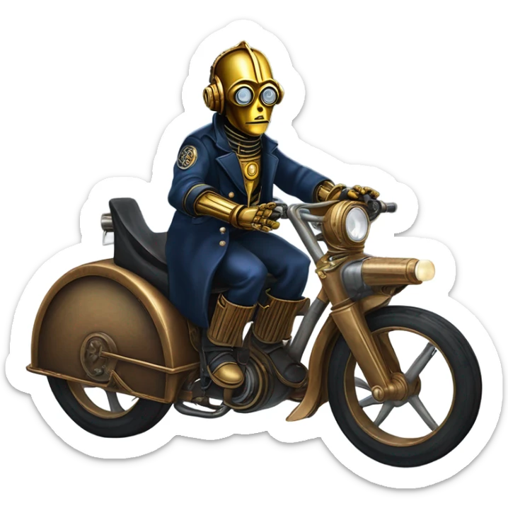C-3PO wearing a pair of navy-blue rimmed steampunk goggles, hat, leather chaps, fringe jacket riding a fast 3 wheeler trike steampunk motorcycle on ice  sticker