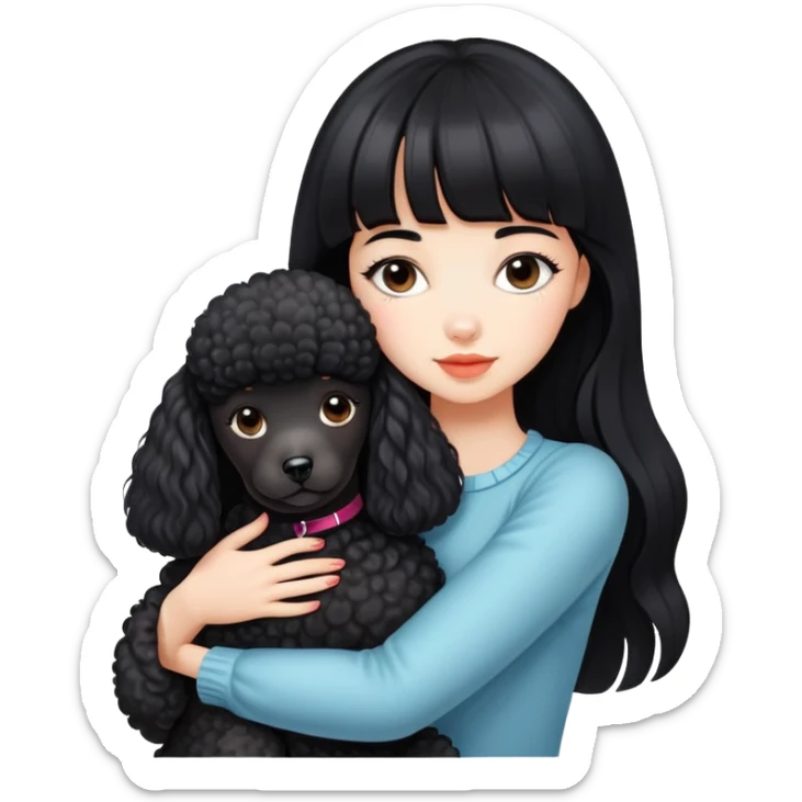A beautiful girl with long black hair and bangs hugs a poodle tightly sticker