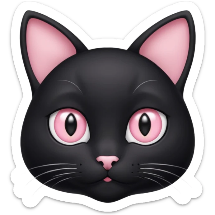 a black cat with black pupils and white eyes, with soft pink ears, looking to the side in an Apple-style sticker