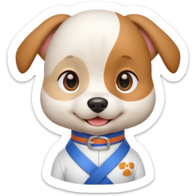 cute dog doing karate portrait, head and shoulders only, wearing white gi uniform, colored belt visible, confident smile, 3D cartoon, mobile game icon style, clean background, no text, no watermark
 sticker
