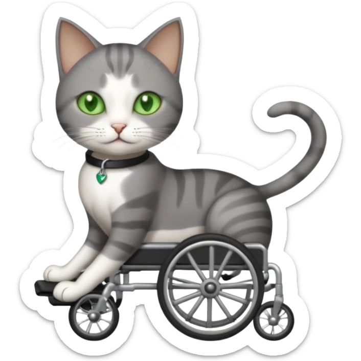 full body small short hair dark grey and white cat with green eyes walking in a wheelchair for cats sticker