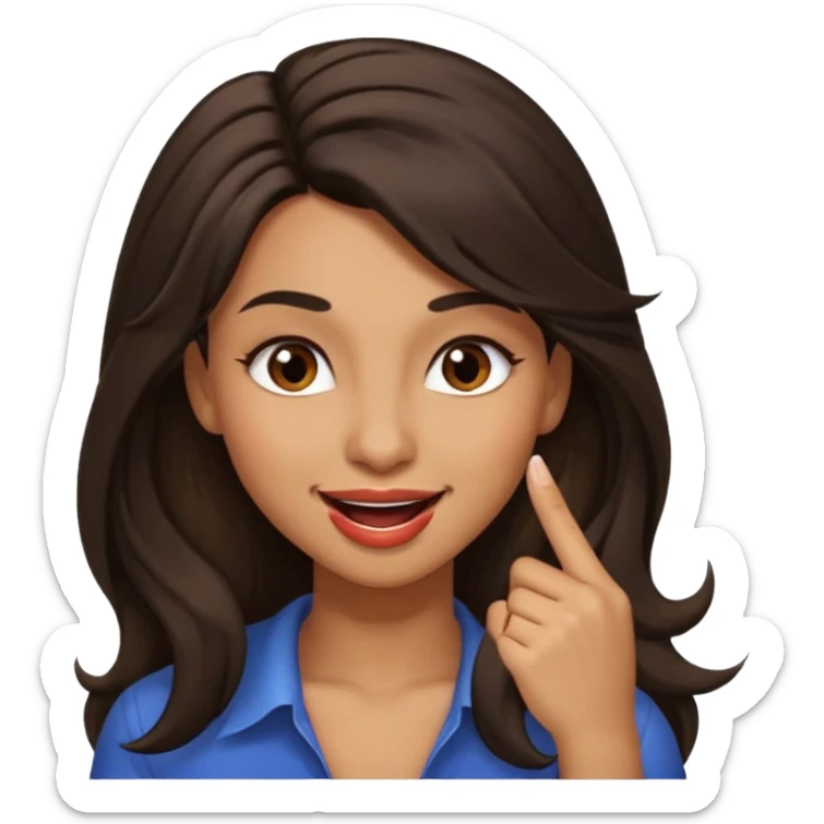 black slighty browin hair light brown skin woman, flirtatious gesture, biting her finger and winking emoji she also has tall hair and brown eyes sticker