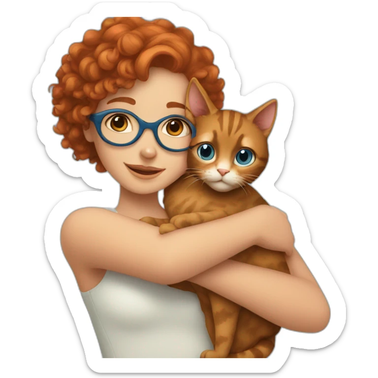 a pretty girl with curly copper hair and blue glasses hugging a cat sticker