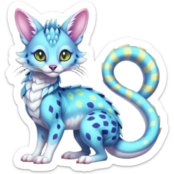 Realistic cute Flurry furry colorful bioluminescent translucent neon gloomy dusky scaly sergal-serval-possum-sphynx-Koi-sergal-fusion-animal-hybrid-creature with a snake-tail sticker