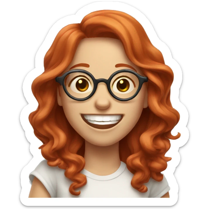 Pale, Long Wavy haired red head, girl with circular glasses glasses laughing and pointing sticker