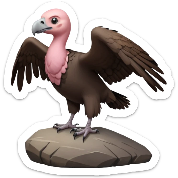 a vulture — large bird with dark brown feathers, bald pinkish head, curved beak and sharp eyes — standing proudly on a rock — wings slightly open — realistic yet cute cartoon emoji look, clean lighting, soft shadows. sticker