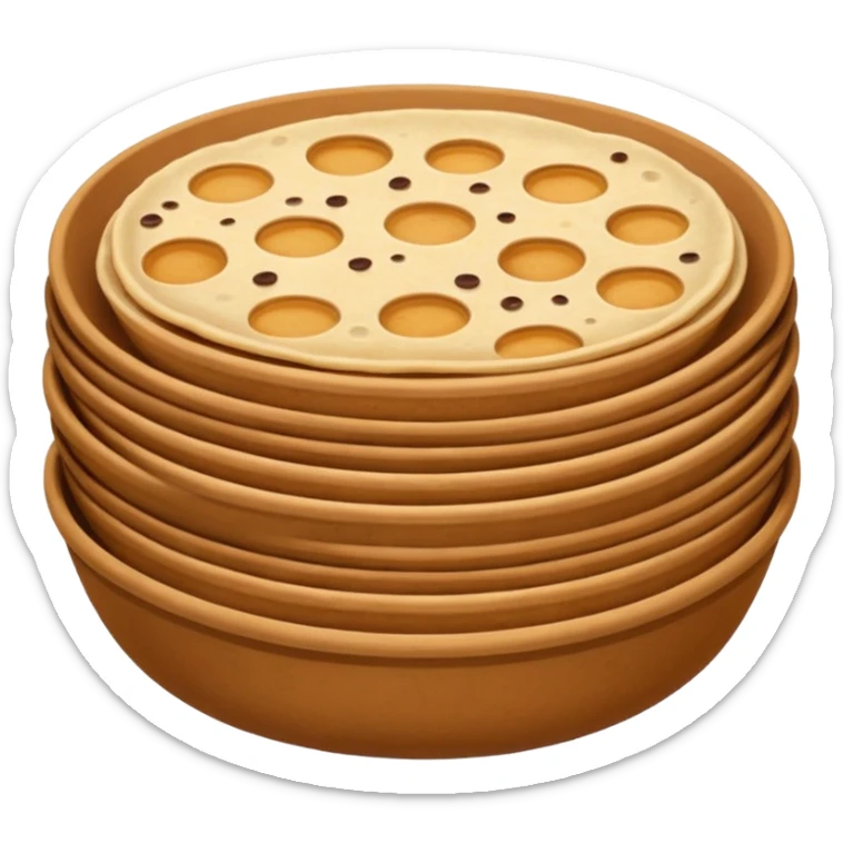 A flat, emoji-style illustration of a warm brown bowl filled with stacked round rotis (Indian flatbreads), slightly toasted with light brown spots. Soft rounded shapes, minimal details, subtle highlights, no outlines, centered composition, transparent background, modern app emoji style. sticker