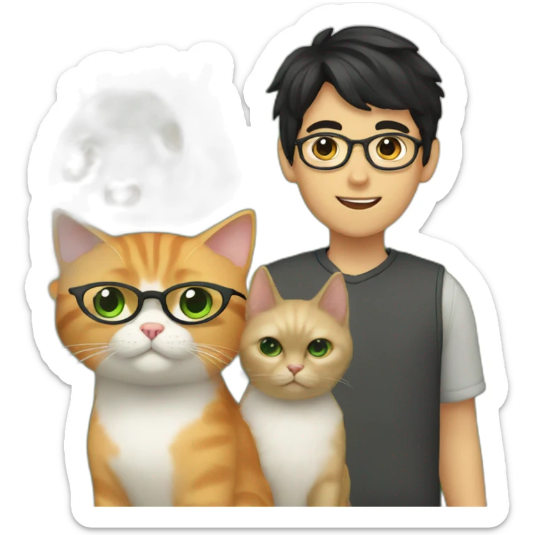 Boy with green eyes, glasses, with black short hair, with orange Persian cat sticker
