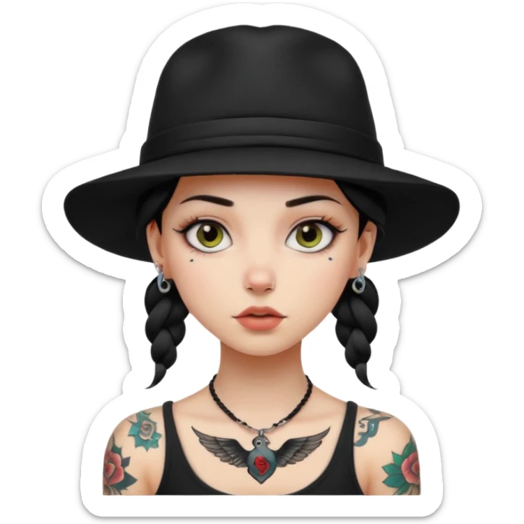 tattoo girl on her neck and body with black hat sticker