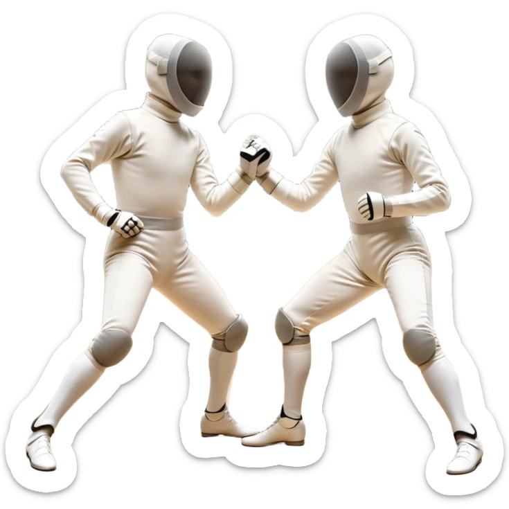 Two fencers in symmetrical stances, with crossed épées in front of them. Their forms are elegant and precise, showcasing the balance and strategy of fencing. The background features a blurred fencing piste, with subtle motion lines to emphasize the elegance and speed of the sport. sticker