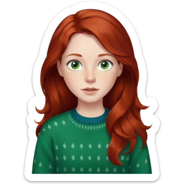 woman with long dark auburn red hair that is mostly straight but has slight waves to it. grey blue eyes. some freckles. wearing a Swedish style sweater that is green. blue grey eyes.  sticker