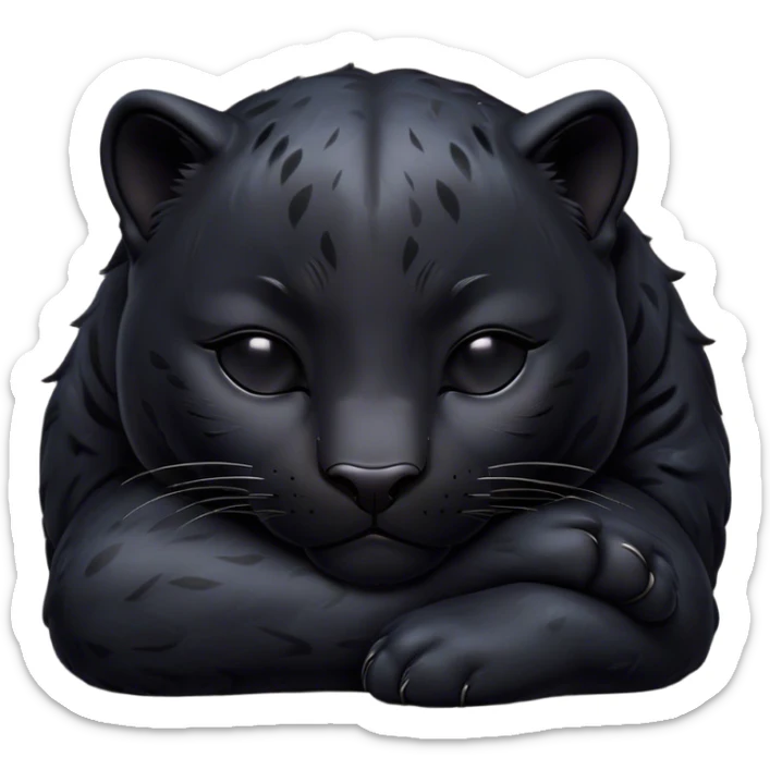 Meme-Worthy cute Sleeping black Panther Portrait Emoji, Head resting peacefully with a contented smile, showcasing a luxuriously sleek form and eyes gently closed in serene slumber, Simplified yet comically adorable features, highly detailed, glowing with a soft, drowsy dark light, high shine, relaxed and utterly lovable, stylized with an air of playful laziness, bright and heartwarming, soft glowing outline, capturing the essence of a sleeping black Panther that feels destined to become the next viral icon of adorable rest! sticker