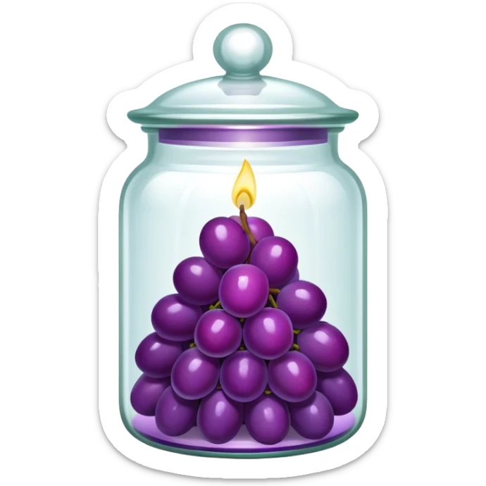 Purple grape candle in a glass jar with a glass cover sticker