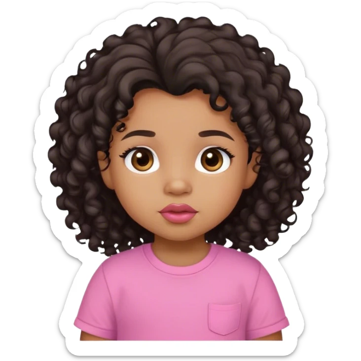 light brown skin tone, very adorable toddler, with big plump lips, long long lashes, black curly long hair, brown eyes, pink shirt sticker