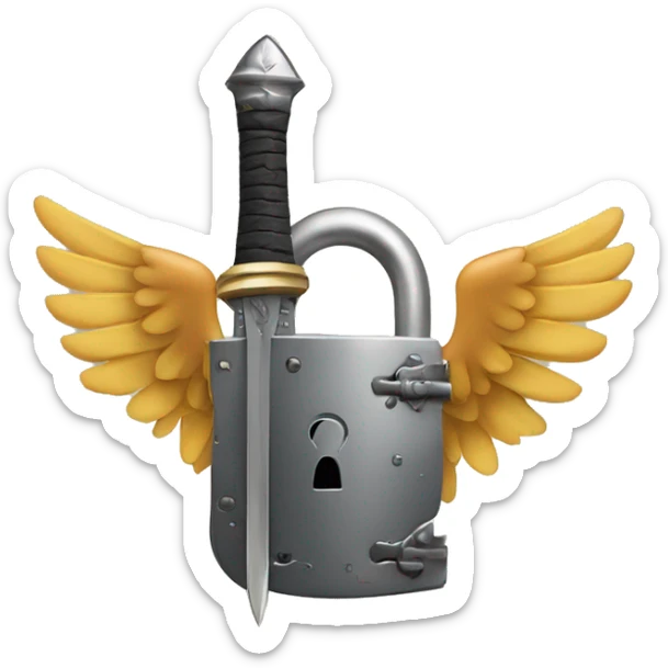 a lock with wings and arms holding a sword, the lock is holding a sword, big lock sticker