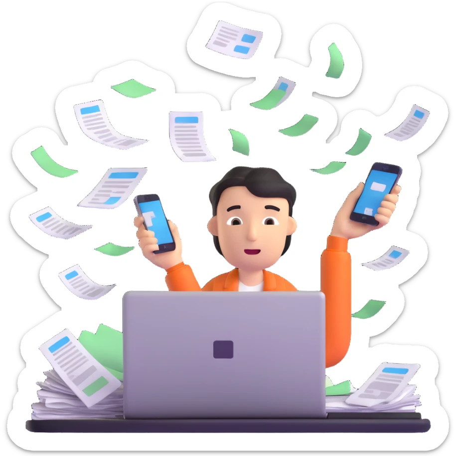 person holding a phone in one hand, laptop open in front, storm of receipts, invoices, and reminders swirling around, multitasking chaos sticker