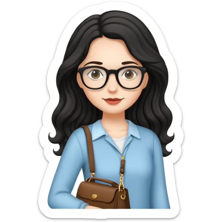 A white girl with black wavy long hair, wearing Wearing glasses and carrying a shoulder bag sticker
