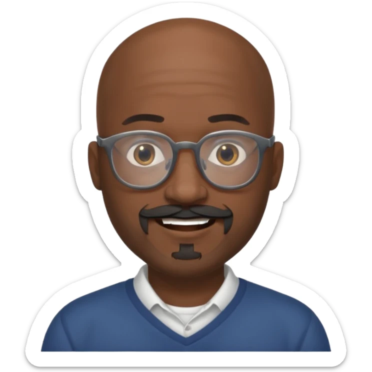 African american male, bald, full gray beard, black mustache. Round face, glasses sticker