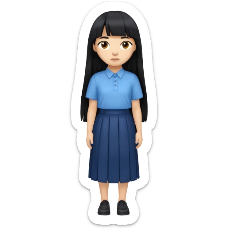 hair : black long hair with fringe 
skin : light 
cloth : oversize light blue shirt + navy long long skirt 
 sticker