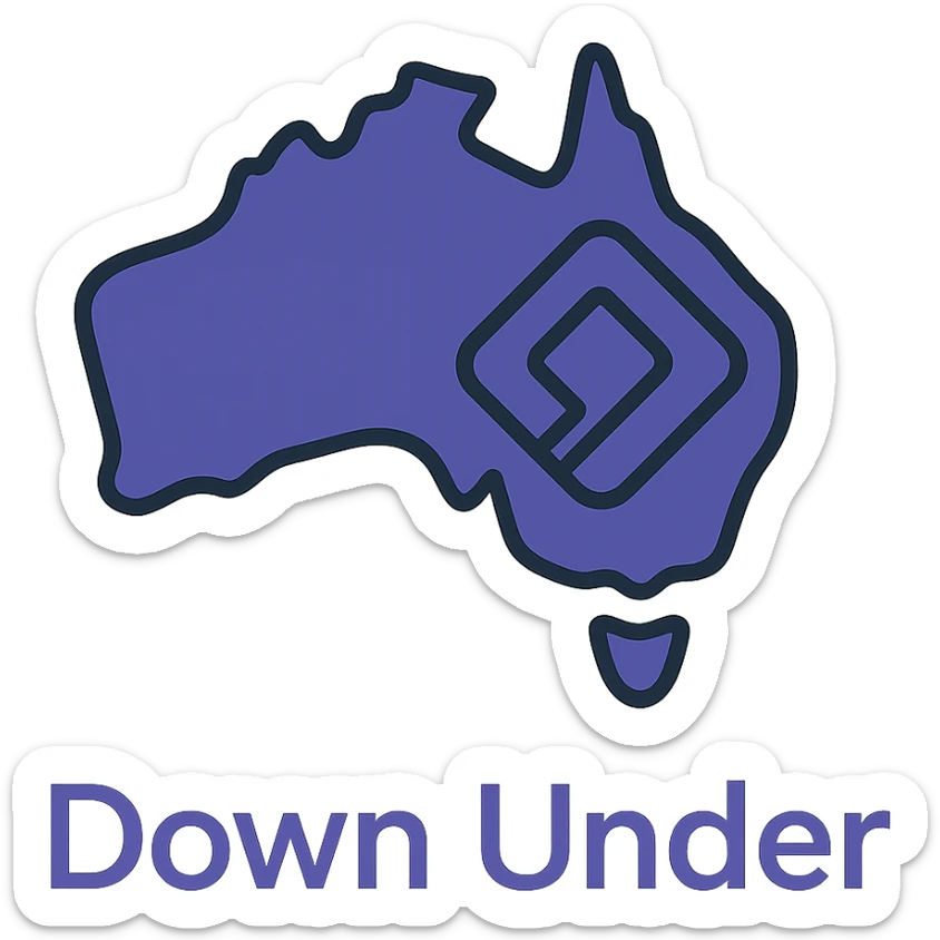 Add the wording 'Down Under' in a clean, modern font below the map of Australia with the official Microsoft Power Pages icon overlay. Use #403DAD as the main color, no digital web overlay sticker